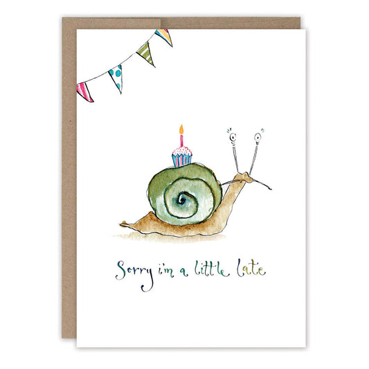 Greeting card with a snail carrying a birthday cake and 'Sorry I'm a little late' text, with a colorful banner at the top.