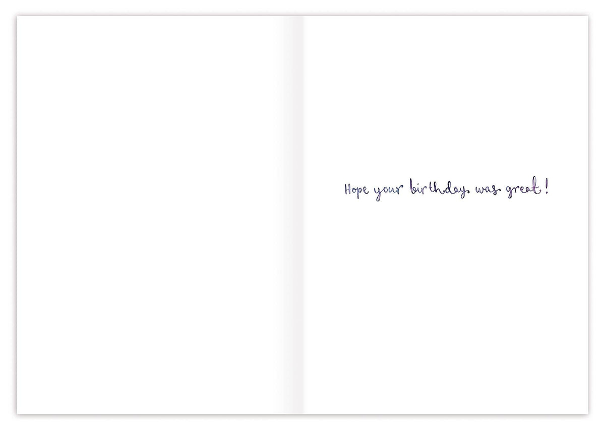 Open card with 'Hope your birthday was great!' text on a white background