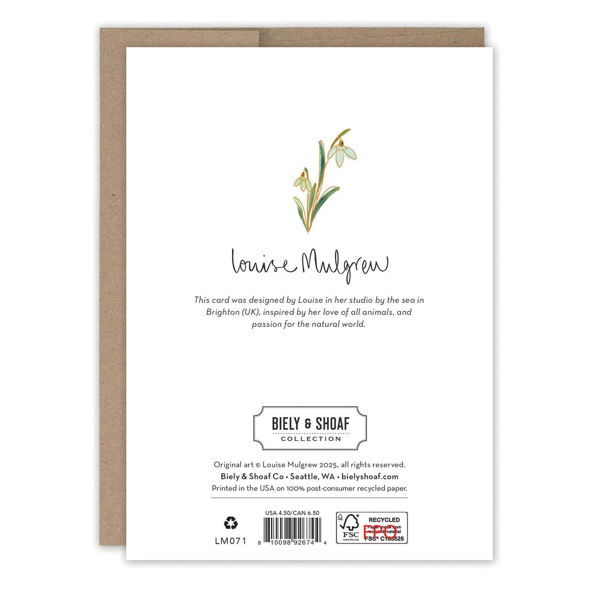 Back of a greeting card with floral design and text