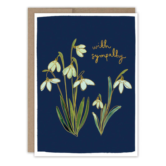 Greeting card with snowdrop illustrations and 'with sympathy' text on a navy background