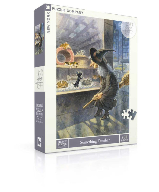 Jigsaw puzzle box titled 'Something Familiar' with a wizard and cat illustration on a white background.