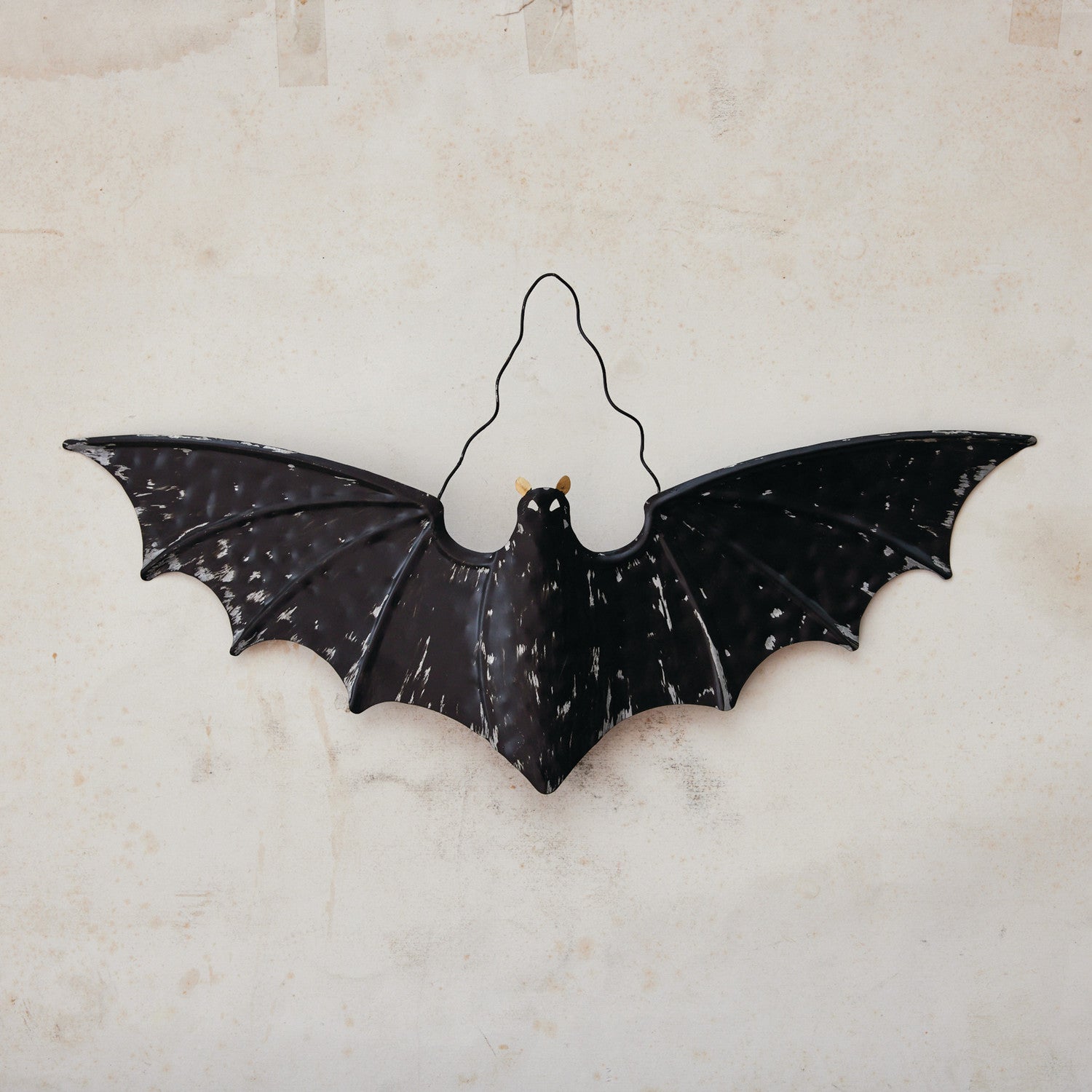 Spooky Metal Hanging Bat, 14.8" tall, crafted from metal, ideal for Halloween décor on porches, windows, or indoors.