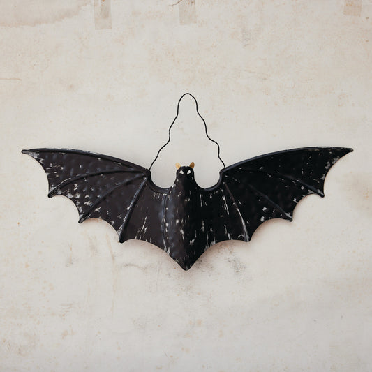 Spooky Metal Hanging Bat, 14.8" tall, crafted from metal, ideal for Halloween décor on porches, windows, or indoors.