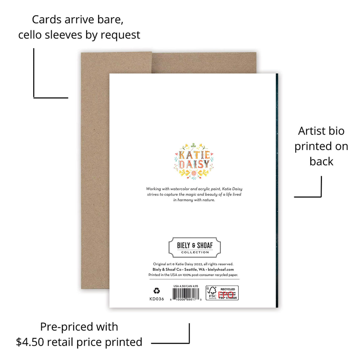 Katie Daisy greeting card with cello sleeve and artist bio printed on the back