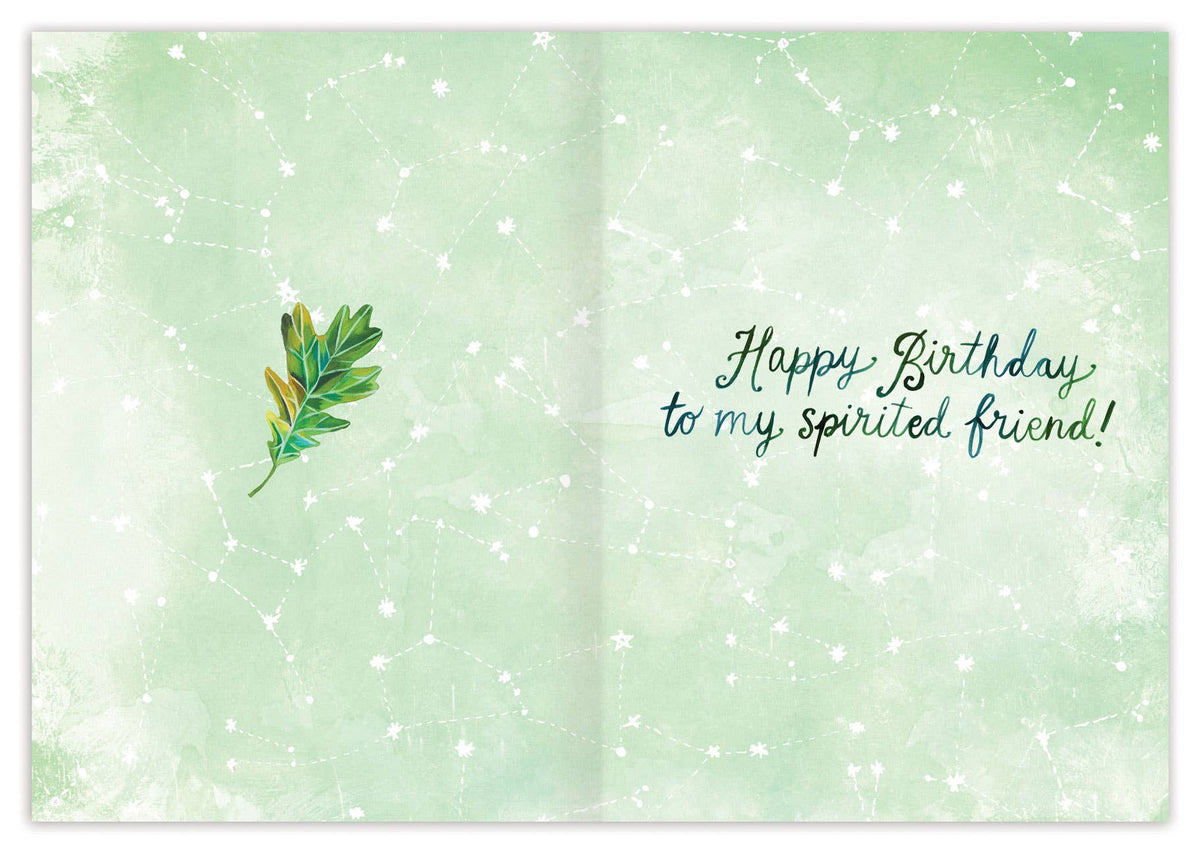 Greeting card with a leaf illustration and birthday message on a light green background
