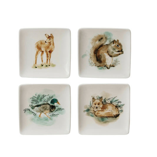 4-inch square stoneware dish featuring a hand-painted fox, deer, squirrel, or duck, with colorful edges, shown holding small jewelry items.