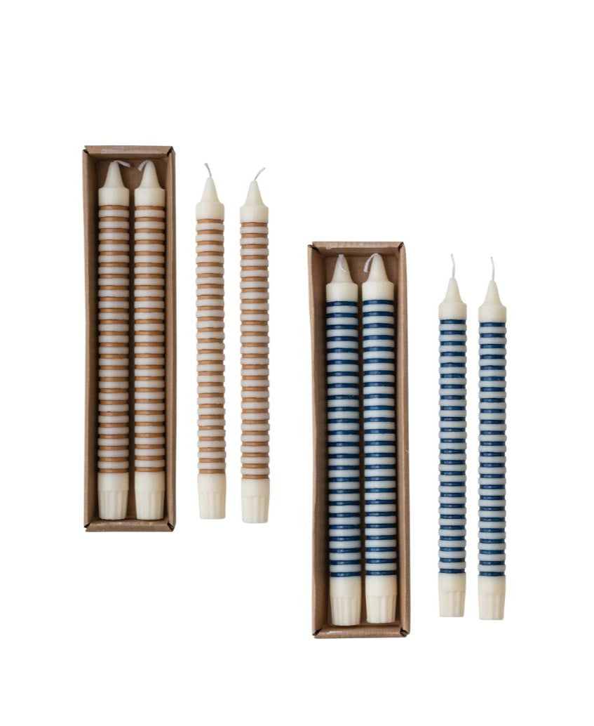 Pair of 10" unscented striped taper candles, available in blue-and-white or brown-and-white, ideal for autumn and cottagecore-inspired décor.