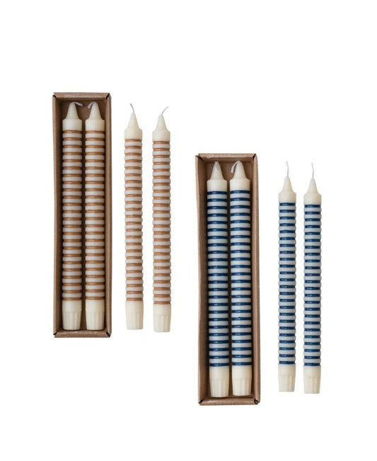 Pair of 10" unscented striped taper candles, available in blue-and-white or brown-and-white, ideal for autumn and cottagecore-inspired décor.
