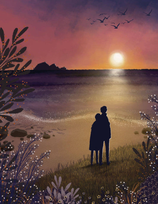Two people standing on a beach at sunset, surrounded by nature.