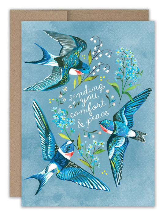 Greeting card with blue birds and flowers on a light blue background