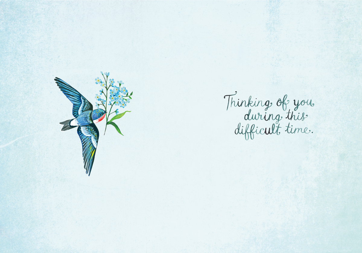 Bird holding flowers with text 'Thinking of you during this difficult time' on a light blue background