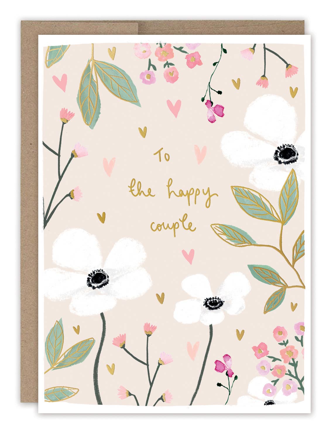Greeting card with floral design and 'To the happy couple' text on a beige background