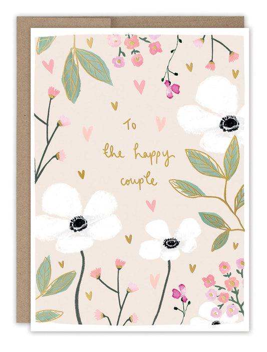 Greeting card with floral design and 'To the happy couple' text on a beige background