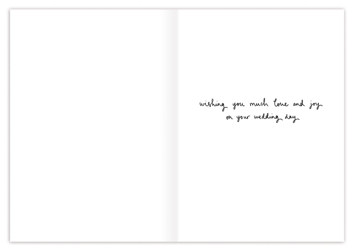 Greeting card with text 'wishing you much love and joy on your wedding day' on a white background