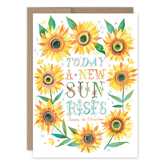Greeting card with sunflowers and motivational quote on a white background