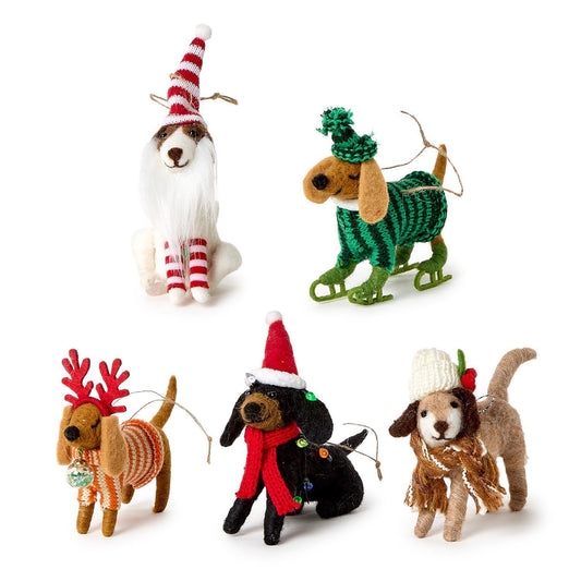 whimsical felt dog ornaments in various sizes and designs, ranging from 1 1/2" to 2 3/4" wide and up to 5" tall, displayed together as playful holiday decorations for a Christmas tree or festive mantel.