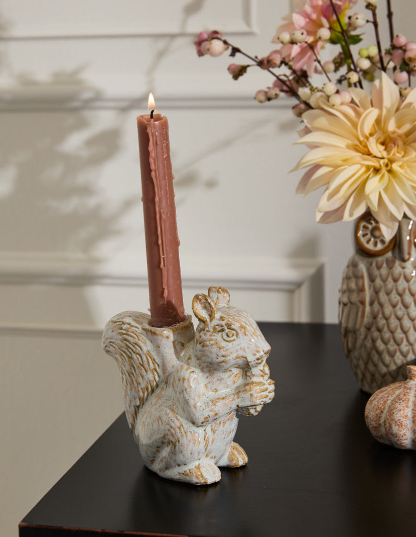 Chippy the Squirrel ceramic taper candle holder in bisque with grey glaze, whimsical woodland décor that can also hold a small air plant.