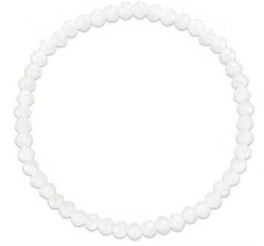 A white beaded stretch bracelet arranged in a circular shape on a plain white background.