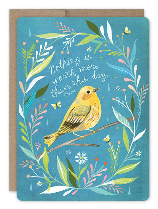Greeting card with a yellow bird and floral design on a blue background