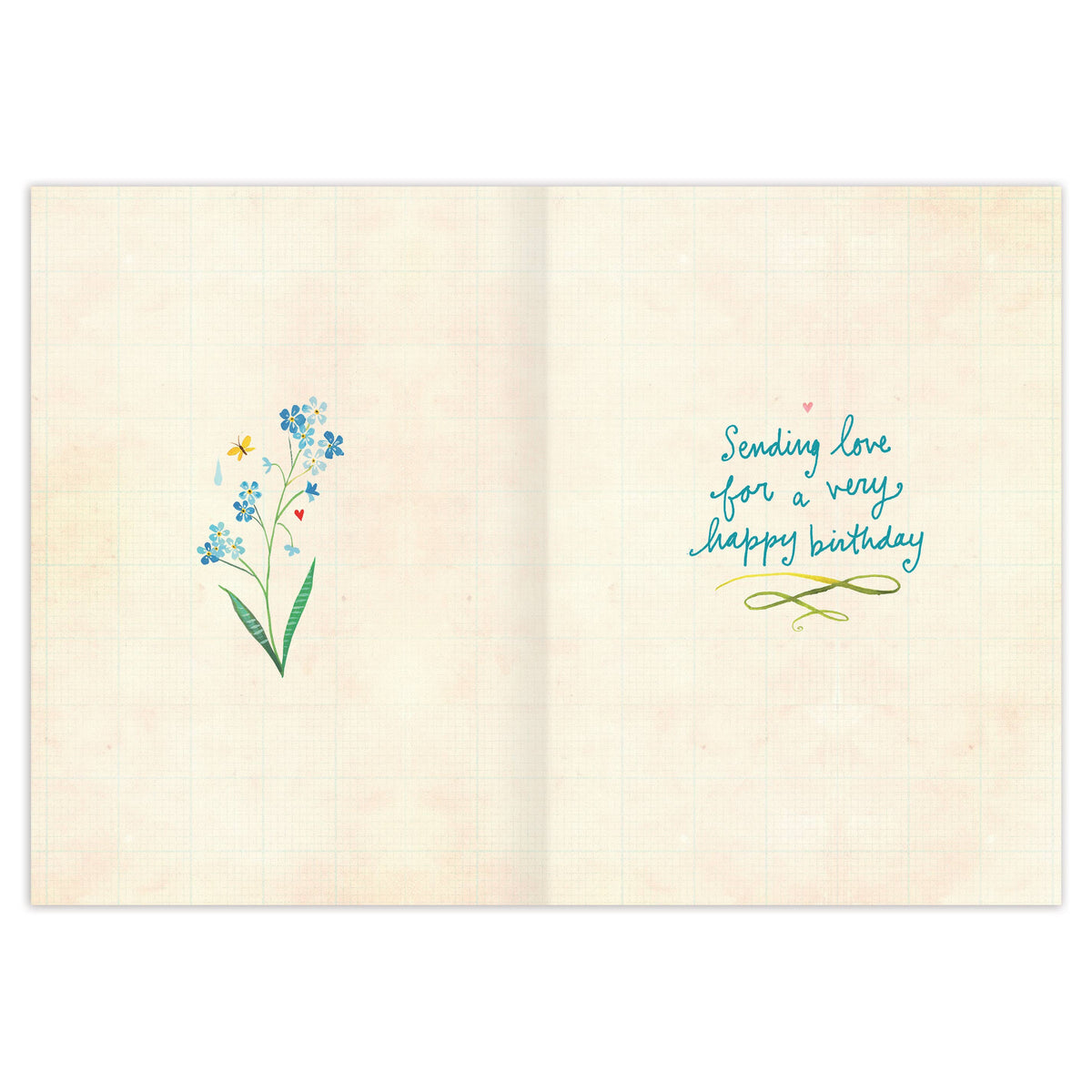 Open card with floral design and birthday message on a white background