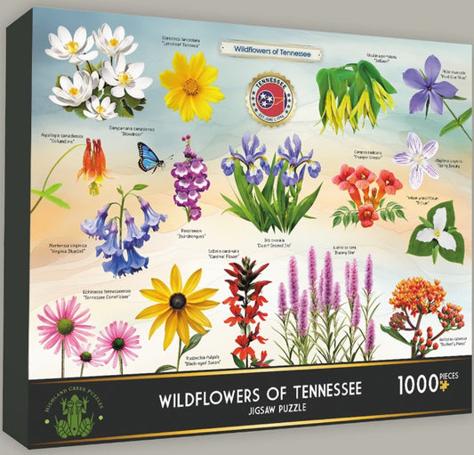 1000-piece jigsaw puzzle featuring colorful illustrations of Tennessee native wildflowers, including coneflowers, black-eyed Susans, and trilliums, arranged in a vibrant, educational, and nature-inspired design.