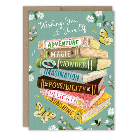 Greeting card with books and text on a green background