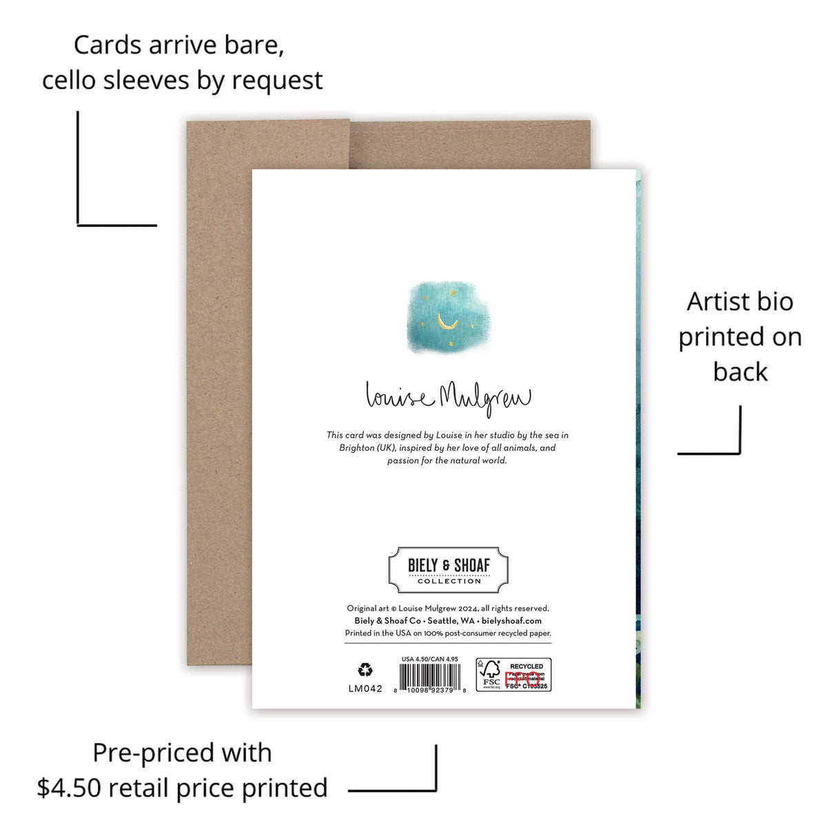 Greeting card with cello sleeve on a white background, featuring text about card details and pricing.
