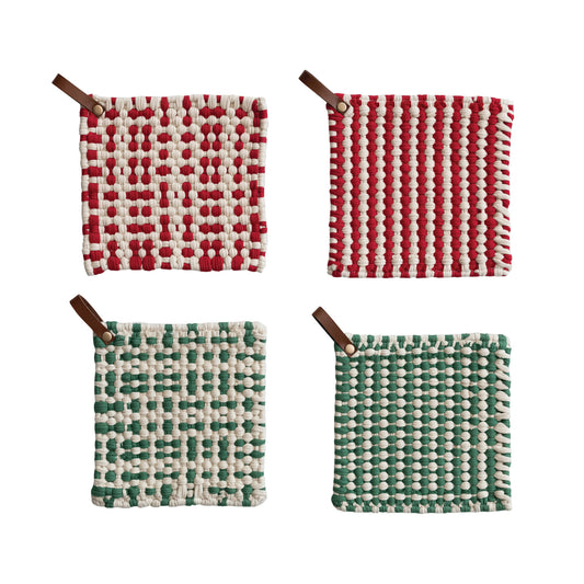 Cotton Crocheted Pot Holder with Leather Loop, 4 Styles