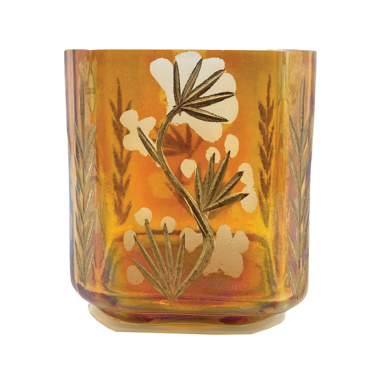 Amber Etched Botanical Glass Votive Holder