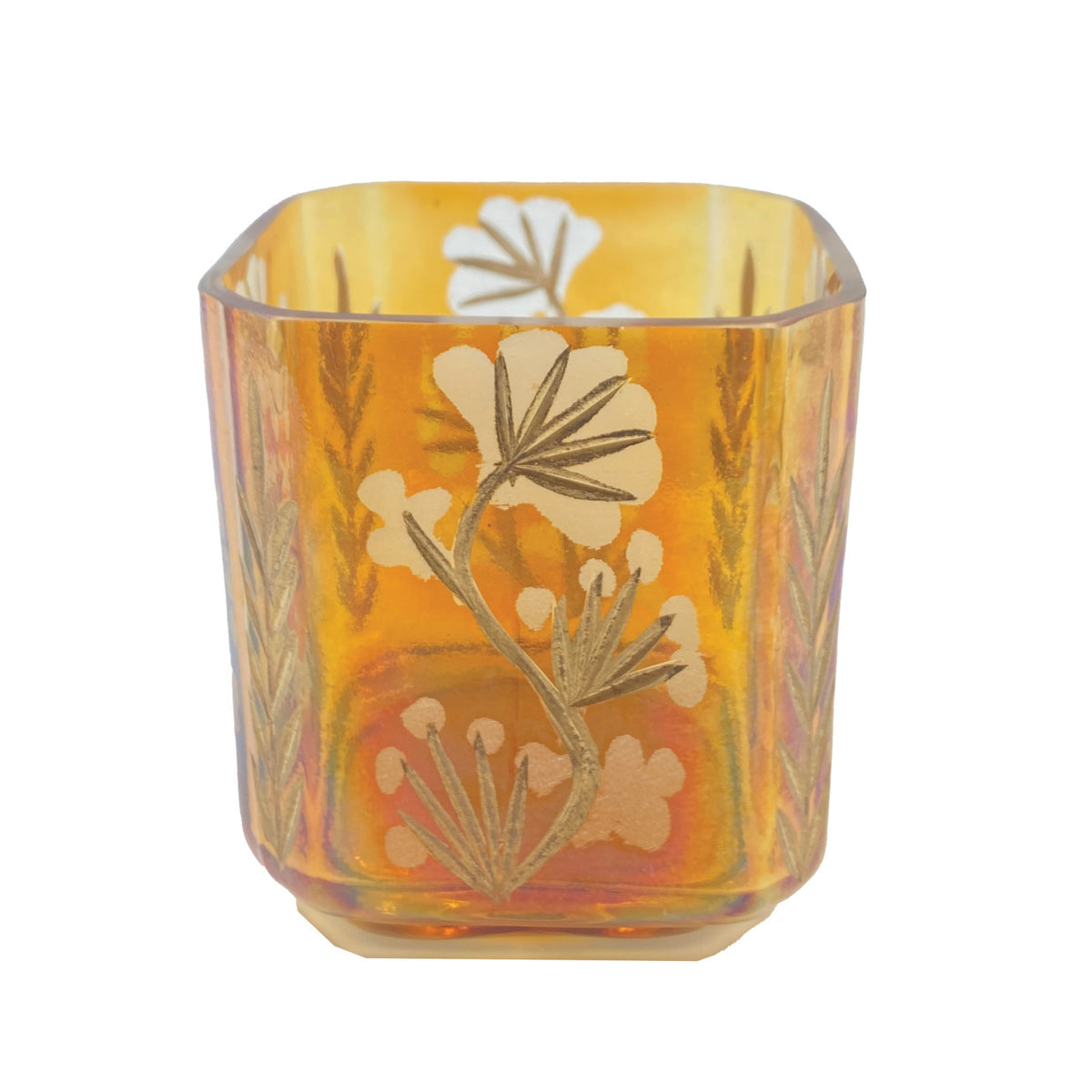 Amber Etched Botanical Glass Votive Holder