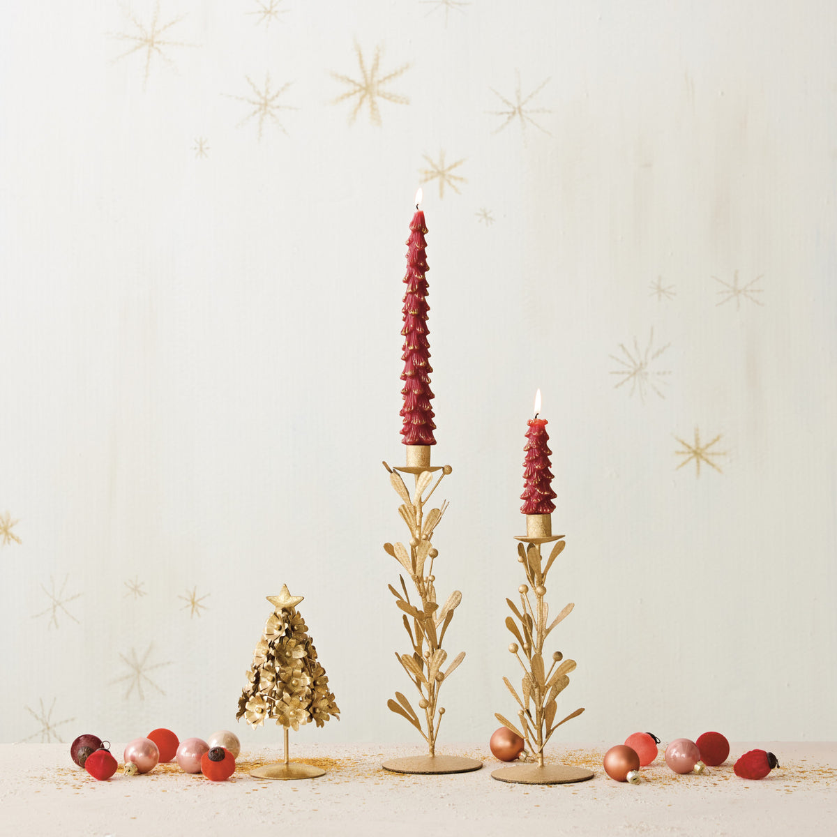 Handmade Metal & Acrylic Bead Mistletoe Taper Holder, Distressed Antique Gold Finish