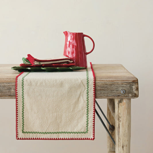 Woven Cotton Table Runner with Stitched Edge & Ric Rac Trim