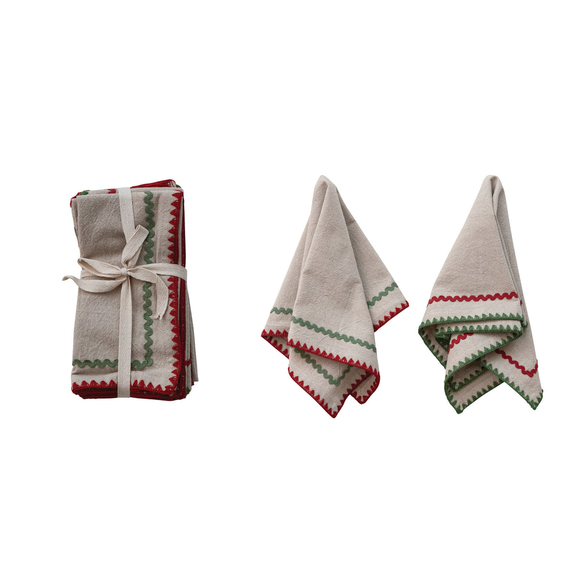 Woven Cotton Napkins with Stitched Edge & Ric Rac Trim, Set of 4 Tied with Cotton Tape