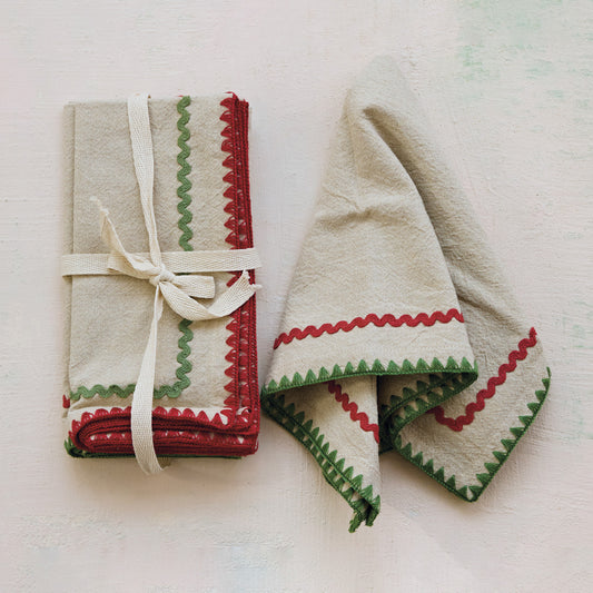 Woven Cotton Napkins with Stitched Edge & Ric Rac Trim, Set of 4 Tied with Cotton Tape