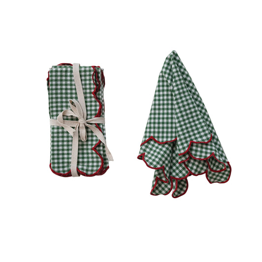 Cotton Scalloped Napkins & Contrasting Stitched Edge, Set of 4 Tied with Cotton Tape