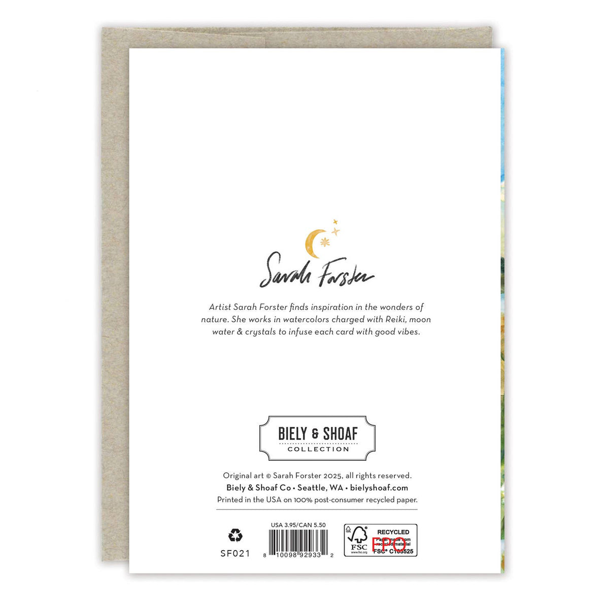 Back of a card with branding and text on a white background