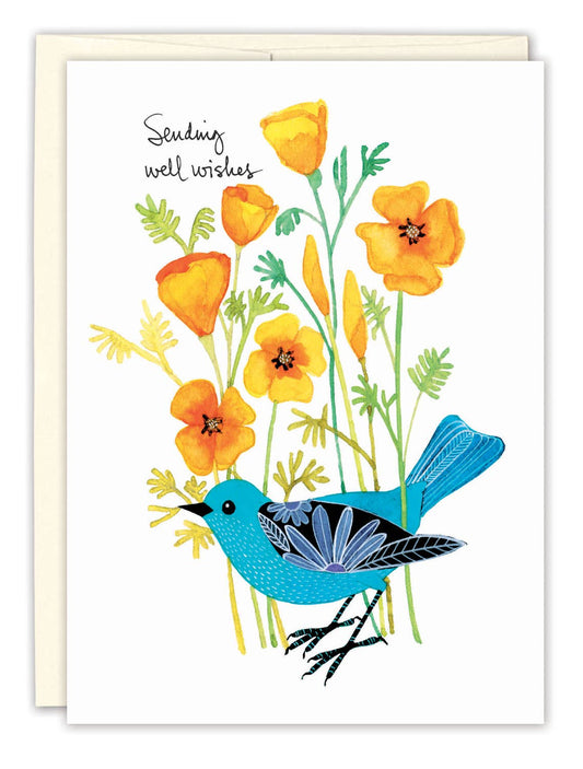 Greeting card with a blue bird and yellow flowers on a white background