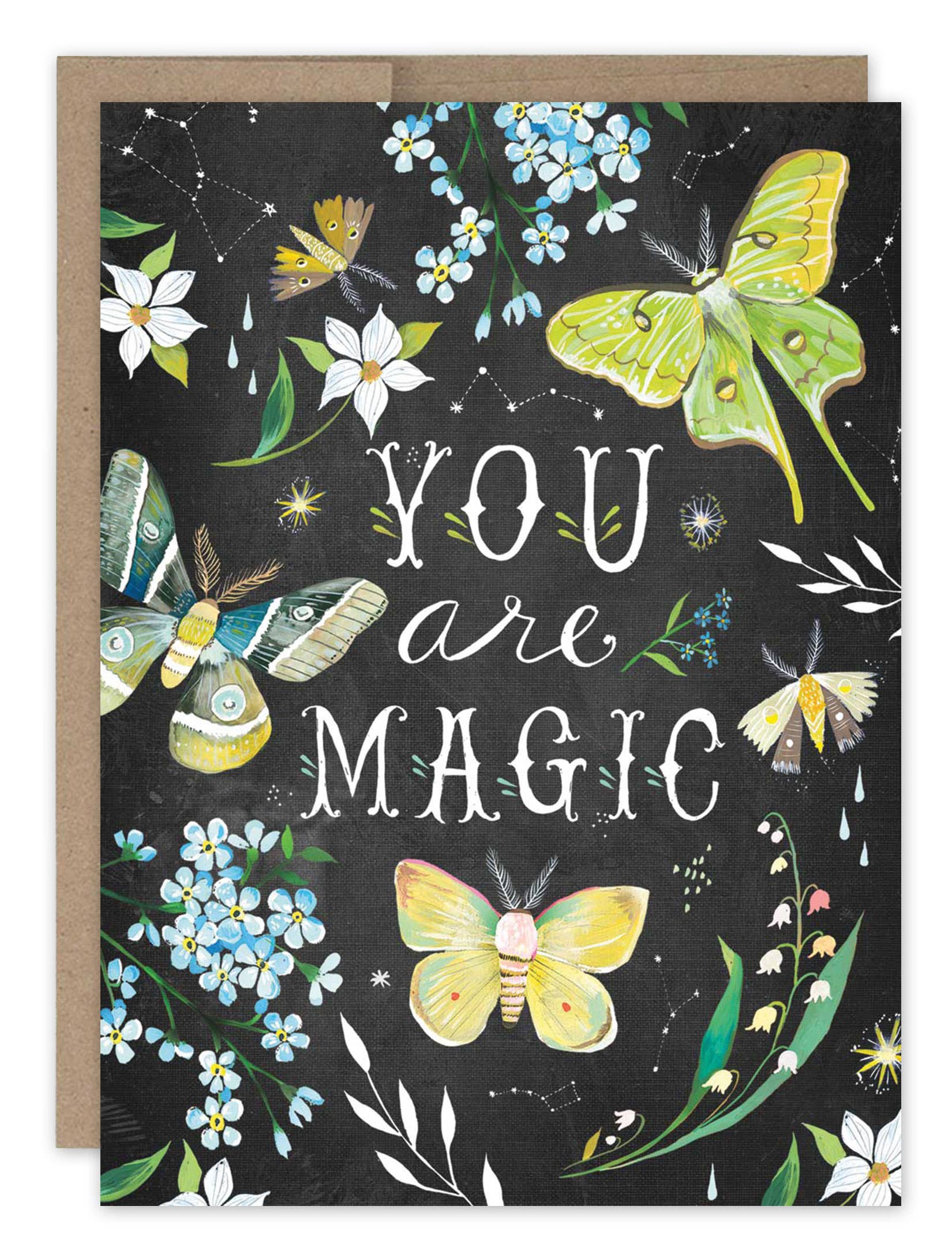 Greeting card with butterflies and flowers on a black background with 'You are Magic' text.