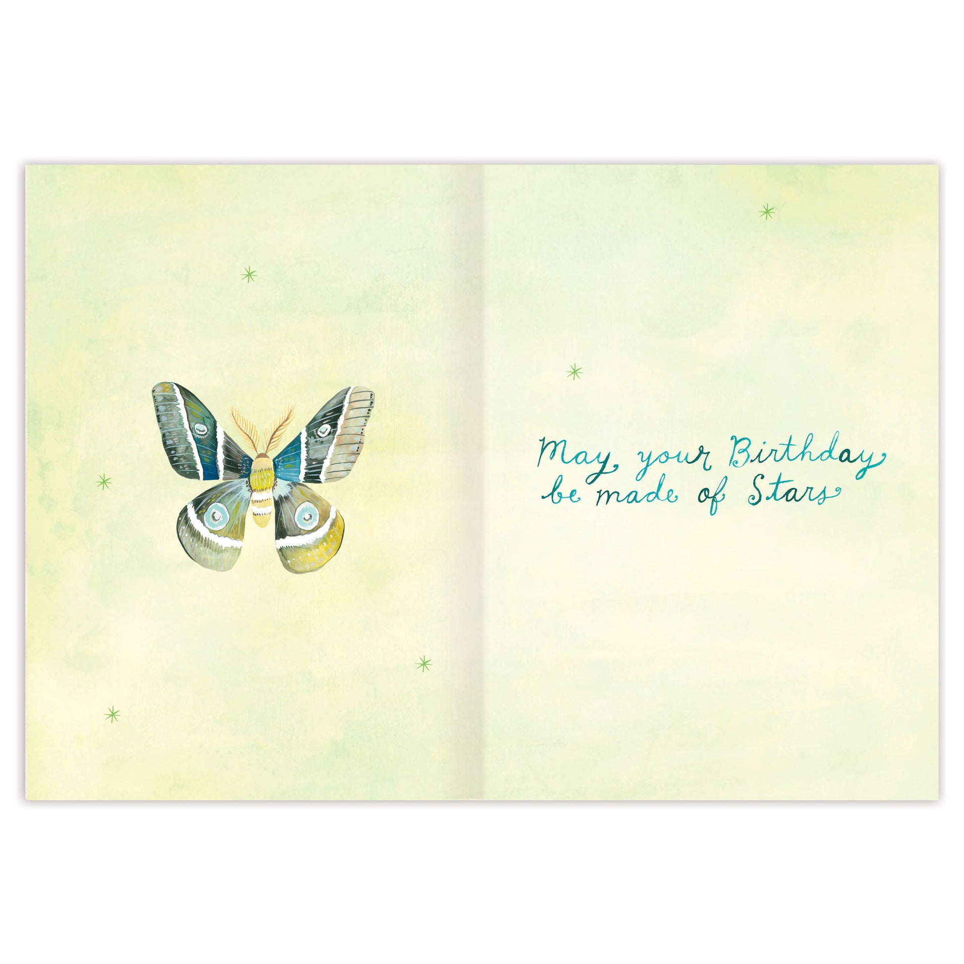 Greeting card with butterfly illustration and birthday message on a light green background