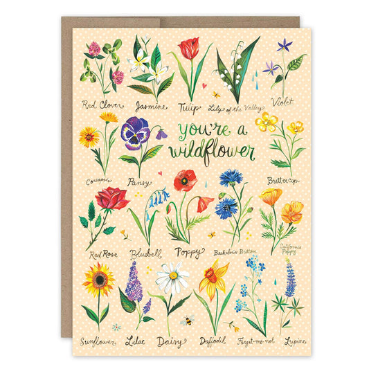 Greeting card with illustrations of various flowers and text on a beige background