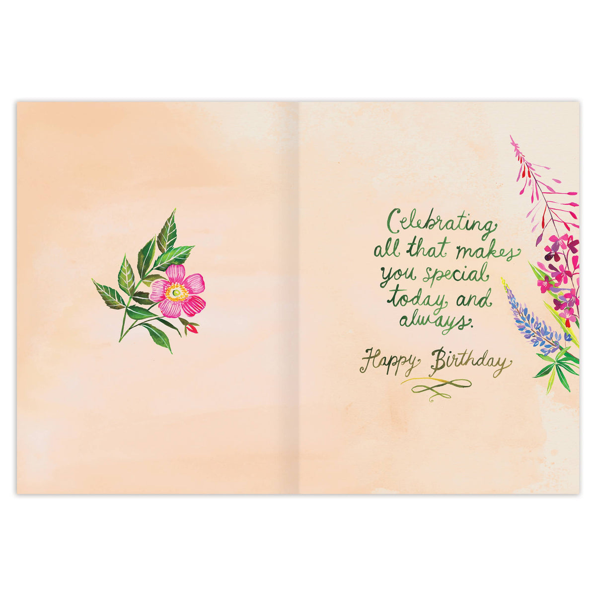 Open card with floral designs and birthday message on a beige background