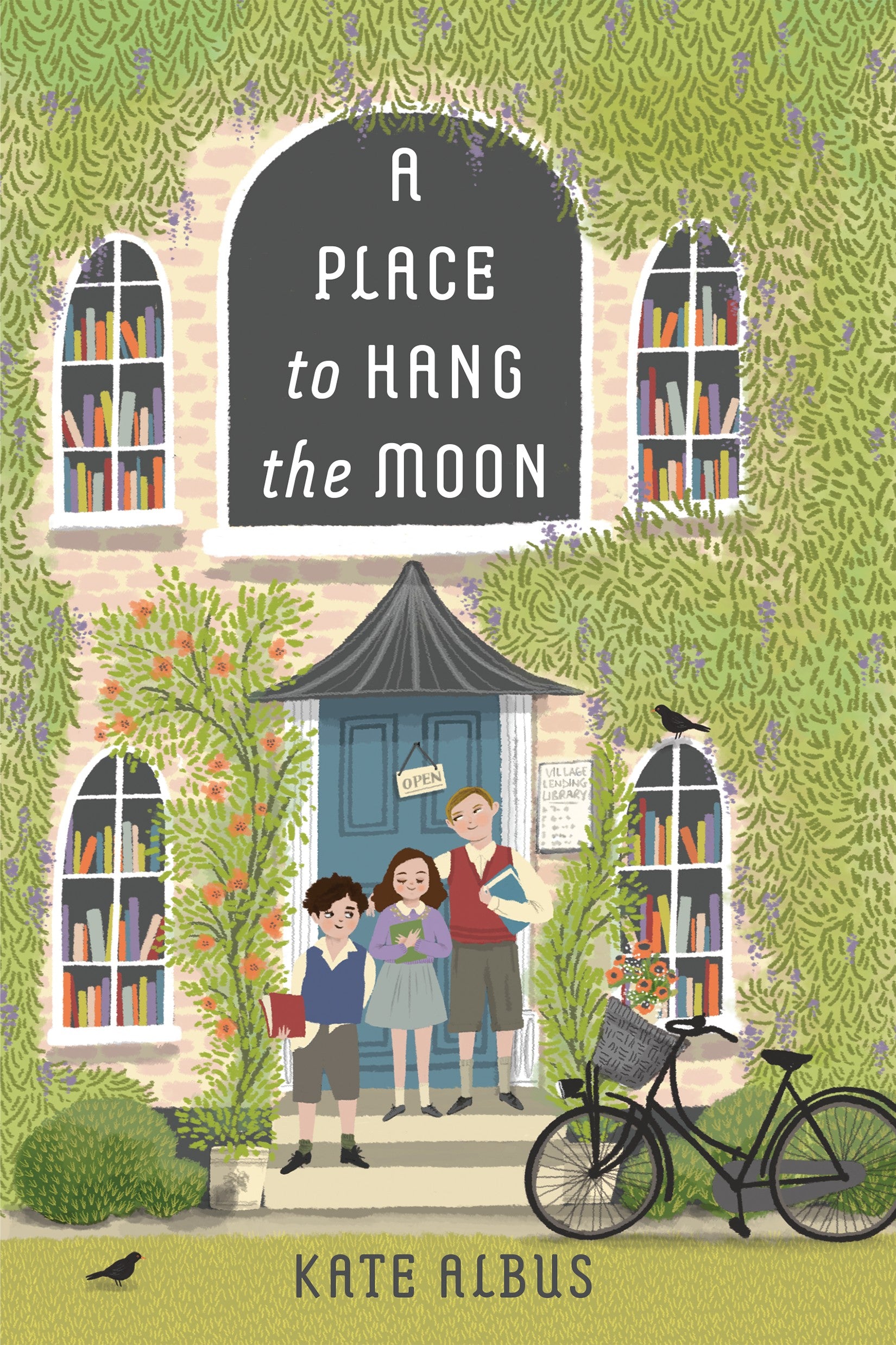 Book cover of 'A Place to Hang the Moon' by Kate Albus with a family and bicycle in front of a book-filled house.