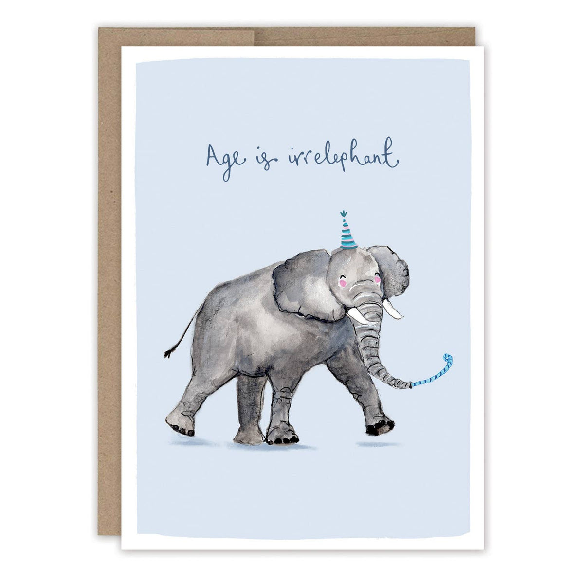 Age Is Irrelephant Elephant Birthday Card illustrated by Louise Mulgrew with a playful elephant design and humorous birthday message.