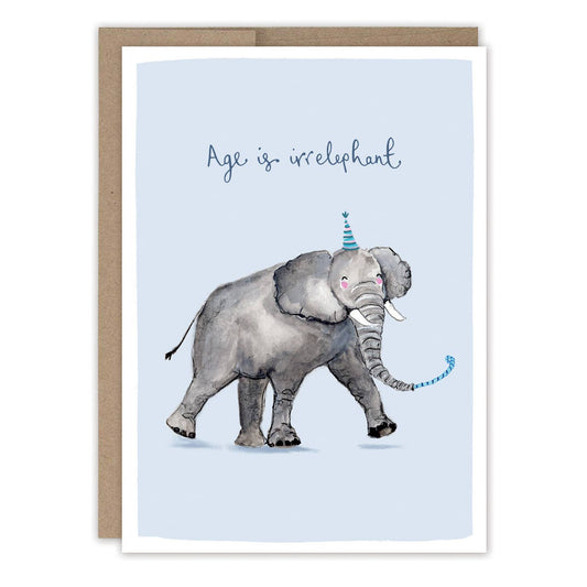 Age Is Irrelephant Elephant Birthday Card illustrated by Louise Mulgrew with a playful elephant design and humorous birthday message.