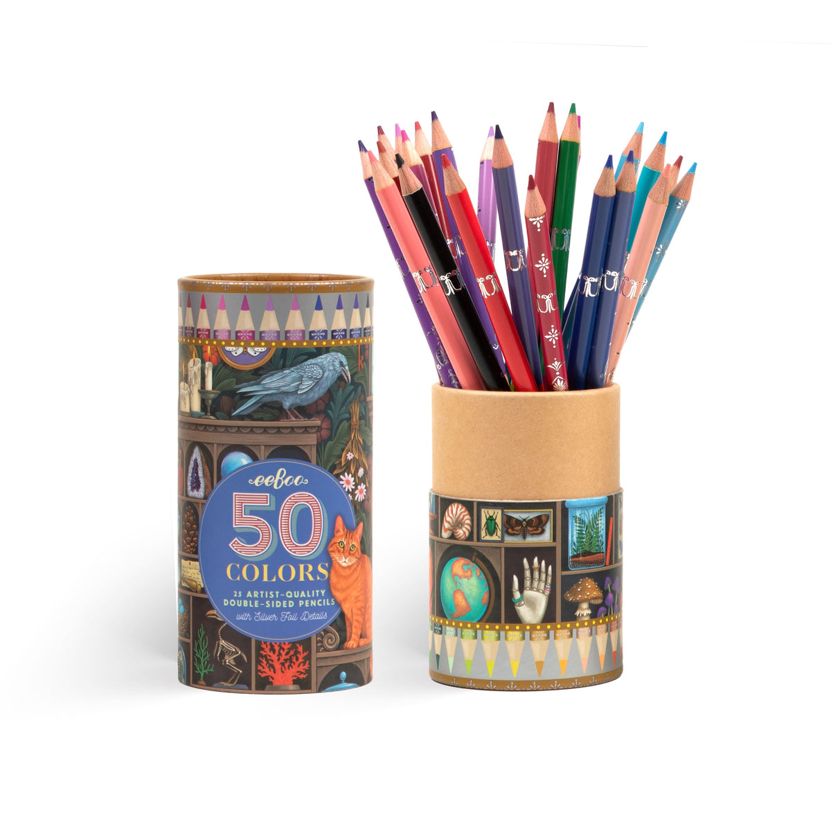 Alchemist’s Cabinet set of 25 double-sided artist-quality colored pencils with 50 colors and silver foil details in an illustrated storage canister.