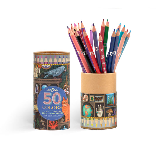 Alchemist’s Cabinet set of 25 double-sided artist-quality colored pencils with 50 colors and silver foil details in an illustrated storage canister.