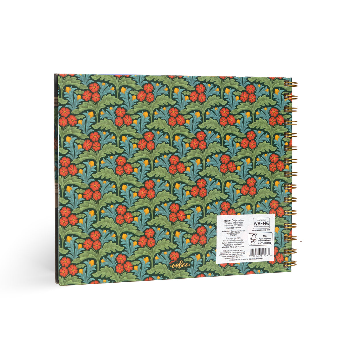 Hardcover artist sketchbook with colorful botanical specimens print on the back.