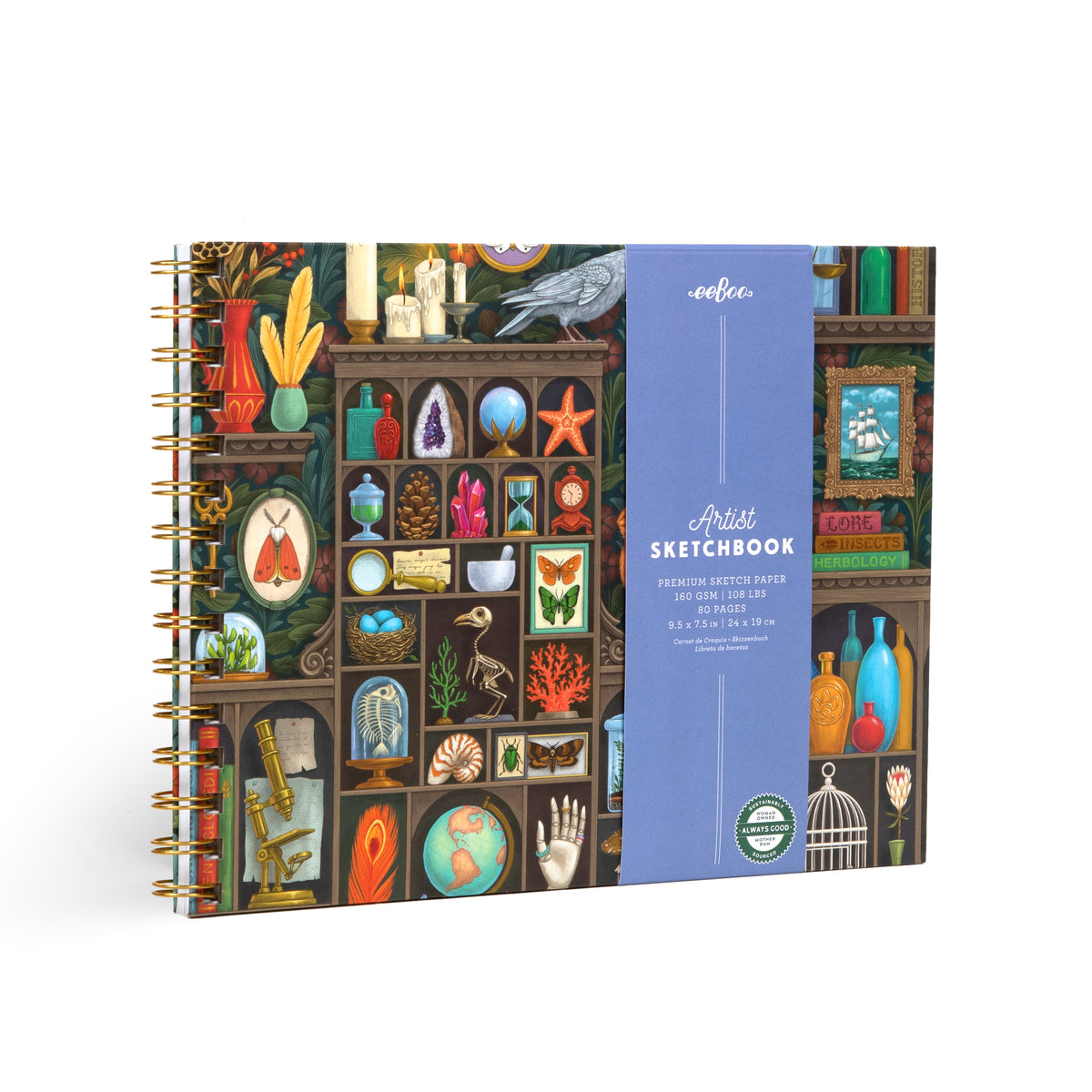 Alchemist’s Cabinet hardcover artist sketchbook by Vasilisa Romanenko with spiral binding and illustrated natural history cabinet featuring plants, insects, crystals, shells, and curiosities.