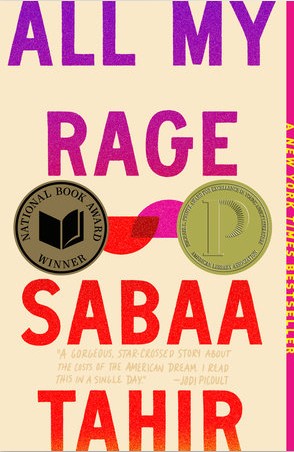Book cover of 'All My Rage' by Sabaa Tahir with colorful text and awards on a beige background.