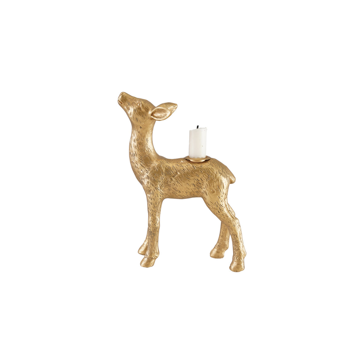 Antique gold deer-shaped taper candle holder with textured detailing and a white taper candle displayed on its back.